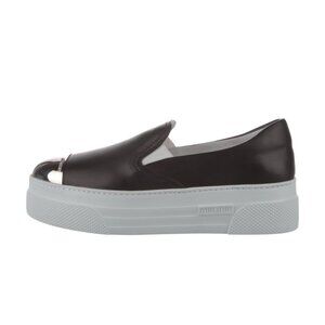 NWT Miu Miu Platform Slip-on Sneakers Black Leather Silver Toe Cap